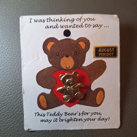 Gold Tone Teddy Bear Brooch Pin Peridot August Green Gemstone Accent Vintage - Picture 1 of 4